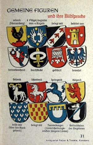 Imagen del vendedor de Deutsche Wappenkunst. Leipzig, Insel, (1942). Kl.-8vo. Mit zahlr. meist farbigen heraldischen Zeichnungen, tlw. von Otto Hupp. 66 S., 1 Bl. Illustr. Or.-Pp.; tlw. beschabt, Kapitale u. Ecken bestoen, oberes Kapital beschdigt. - Sarkowski 817. a la venta por Jrgen Patzer