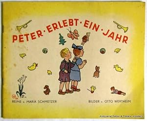 Imagen del vendedor de Peter erlebt ein Jahr. Wien, Julius Breitschopf jun., (1946?). Quer-gr.-8vo. 17 Bl. mit ganzseitigen farbigen Illustrationen von Otto Wertheim. Illustrierter Or.-Umschlag; etw. braunfleckig. a la venta por Jrgen Patzer