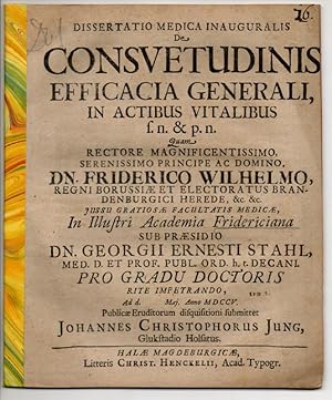 Bild des Verkufers fr Medizinische Inaugural-Dissertation. De Consuetudinis Efficacia Generali, In Actibus Vitalibus s. n. & p. n. zum Verkauf von Wissenschaftliches Antiquariat Kln Dr. Sebastian Peters UG