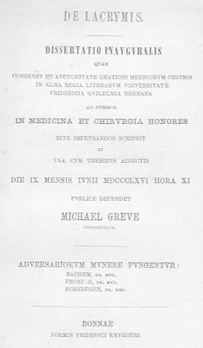 Seller image for De Lacrymis [ber die Trnen]. Inaugural-Dissertation [in lat. Sprache]. for sale by Antiquariat Michael Eschmann