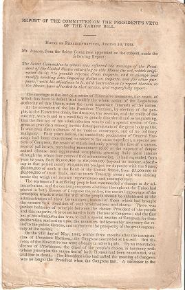 Seller image for REPORT OF THE COMMITTEE ON THE PRESIDENT'S VETO OF THE TARIFF BILL:; House of Representatives, August 16, 1842 for sale by R & A Petrilla, IOBA