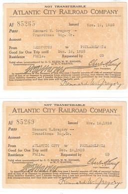 TWO (2) FREE PASSES ISSUED TO A TRANSITMAN FOR THE READING RAILROAD, BY THE ATLANTIC CITY RAILROA...