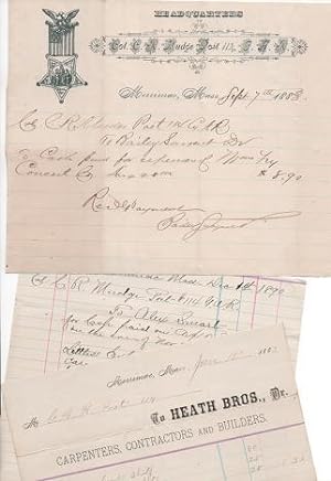 1883-1890 GROUP OF THREE (3) HANDWRITTEN RECEIPTS TO COL. C.R. MUDGE, POST 114, G.A.R., MERRIMAC,...
