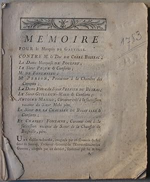 Mémoire Pour le Marquis de Gauville, Contre M. le Duc de Cossé-Brissac; La Dame marquise de Poulp...