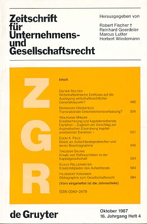 Bild des Verkufers fr Zeitschrift fr Unternehmens- und Gesellschaftsrecht (ZGR) Oktober 1987, 16. Jahrgang Heft 4. zum Verkauf von Fundus-Online GbR Borkert Schwarz Zerfa