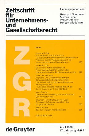 Seller image for Zeitschrift fr Unternehmens- und Gesellschaftsrecht (ZGR) April 1988, 17. Jahrgang Heft 2. Mit Herbert Wiedemann. for sale by Fundus-Online GbR Borkert Schwarz Zerfa