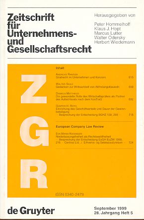 Bild des Verkufers fr Zeitschrift fr Unternehmens- und Gesellschaftsrecht (ZGR) September 1999, 28. Jahrgang Heft 5. Mit Walter Odersky und Herbert Wiedemann. zum Verkauf von Fundus-Online GbR Borkert Schwarz Zerfa