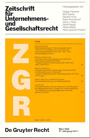 Seller image for Zeitschrift fr Unternehmens- und Gesellschaftsrecht (ZGR) Mrz 2008, 37. Jahrgang Heft 1. for sale by Fundus-Online GbR Borkert Schwarz Zerfa