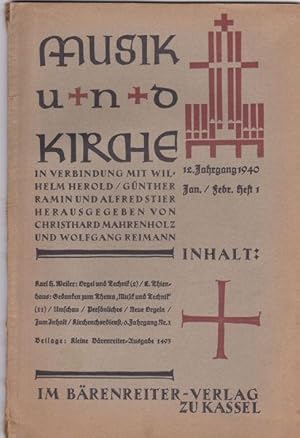 Imagen del vendedor de Musik und Kirche. 12.Jahrgang 1940, Jan./Febr. Heft 1 a la venta por Versandantiquariat Karin Dykes