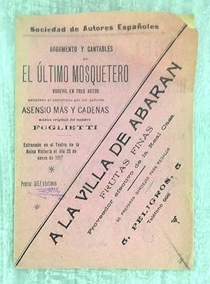 EL ULTIMO MOSQUETERO. Vodevil en tres actos adaptado al castellano por. Música original del Maest...