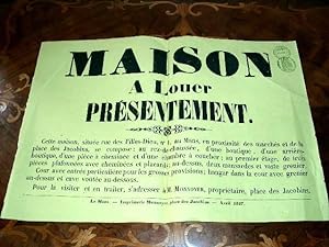 Affiche ancienne sur papier jaune timbré - Avril 1887 - Maison à louer présentement - Cette maiso...
