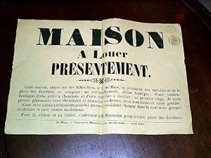 Affiche ancienne sur papier jaune timbré - Avril 1887 - Maison à louer présentement - Cette maiso...