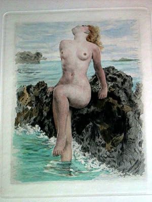 Très belle pointe sèche en couleurc de Paul-Emile BECAT "Femme nue sur un rocher".