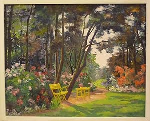 Gartenlandschaft mit gelbem Stuhl. Oel auf Leinwand auf Malplatte montiert.
