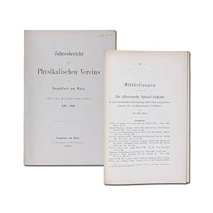 Bild des Verkufers fr Die Alhazensche Spiegel-Aufgabe in ihrer historischen Entwicklung nebst einer analytischen Lsung des verallgemeinerten Problems. SS. 63-107 mit Abbildungen. In: Jahresbericht des physikalischen Vereins zu Frankfurt fr das Rechnungsjahr 1891-92. zum Verkauf von Antiquariat Gerhard Gruber