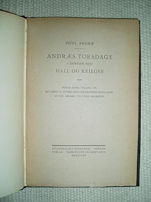 Seller image for Andraes torsdage i samvaer med Hall og Krieger, samt nogle flere "Tillaeg" til et i lbet af efteraaret udkommende .,. for sale by Expatriate Bookshop of Denmark