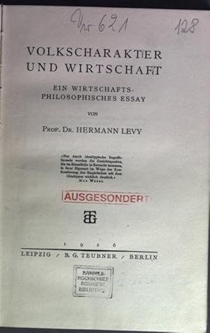 Imagen del vendedor de VOLKSCHARAKTER UND WIRTSCHAFT. Ein wirtschafts-philosophisches Essay. a la venta por Antiquariat Bookfarm