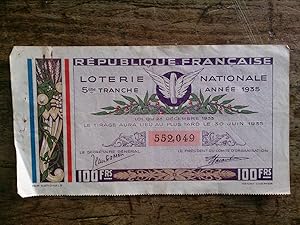 Image du vendeur pour BILLET DE LOTERIE NATIONALE 1935 cinquime tranche (1000000 billets) mis en vente par KEMOLA