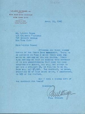 TLS, Steger to Mr. Lester Cowan, Producer with Columia Pictures, April 10, 1942. Regarding the Ir...