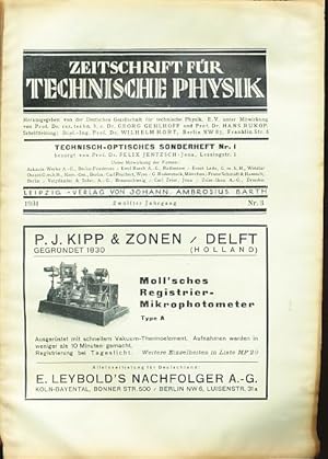 Imagen del vendedor de Zeitschrift fr Technische Physik. 12. Jg. 1931, Nr. 3. Technisch-Optisches Sonderheft Nr. 1. Besorgt von Felix Jentzsch. Im Auftrage der Deutschen Gesellschaft fr technische Physik. e.V. Herausgegeben von Carl Ramsauer und Hans Rukop. a la venta por Fundus-Online GbR Borkert Schwarz Zerfa