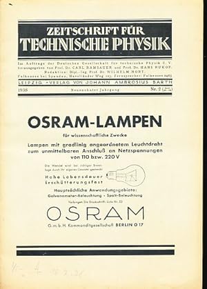 Imagen del vendedor de Zeitschrift fr Technische Physik. 18. Jg. 1938, Nr. 2. Im Auftrage der Deutschen Gesellschaft fr technische Physik. e.V. Herausgegeben von Carl Ramsauer und Hans Rukop. a la venta por Fundus-Online GbR Borkert Schwarz Zerfa