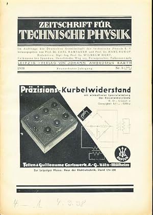 Imagen del vendedor de Zeitschrift fr Technische Physik. 19. Jg. 1938, Nr. 3. Im Auftrage der Deutschen Gesellschaft fr technische Physik. e.V. Herausgegeben von Carl Ramsauer und Hans Rukop. a la venta por Fundus-Online GbR Borkert Schwarz Zerfa