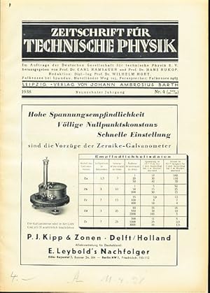 Imagen del vendedor de Zeitschrift fr Technische Physik. 19. Jg. 1938, Nr. 4. Im Auftrage der Deutschen Gesellschaft fr technische Physik. e.V. Herausgegeben von Carl Ramsauer und Hans Rukop. a la venta por Fundus-Online GbR Borkert Schwarz Zerfa