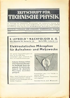 Imagen del vendedor de Zeitschrift fr Technische Physik. 14. Jg. 1933, Nr. 6. Im Auftrage der Deutschen Gesellschaft fr technische Physik. e.V. Herausgegeben von Carl Ramsauer und Hans Rukop. a la venta por Fundus-Online GbR Borkert Schwarz Zerfa