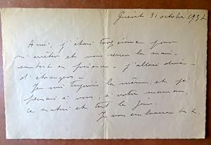 Eigenhändiger Brief mit Unterschrift "M.L." an einen Freund. Quer-8°. 21 x13,5cm. Guéret, 31 octo...