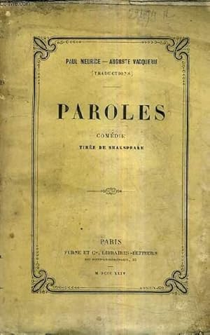 Seller image for PAROLES COMEDIE TIREE DE SHAKESPEARE. for sale by Le-Livre