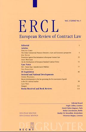 Bild des Verkufers fr ERCL. European Review of Contract Law. Vol. 2 (2006) No. 1. zum Verkauf von Fundus-Online GbR Borkert Schwarz Zerfa