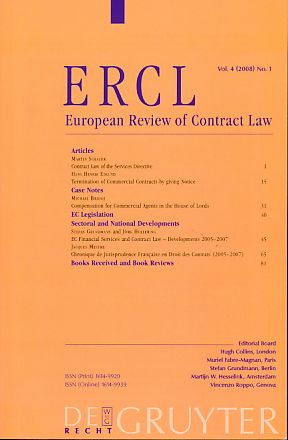 Bild des Verkufers fr ERCL. European Review of Contract Law. Vol. 4 (2008) No. 1. zum Verkauf von Fundus-Online GbR Borkert Schwarz Zerfa