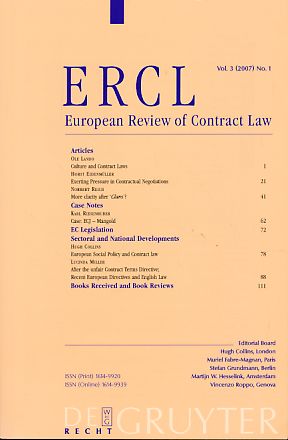 Imagen del vendedor de ERCL. European Review of Contract Law. Vol. 3 (2007) No. 1. a la venta por Fundus-Online GbR Borkert Schwarz Zerfa