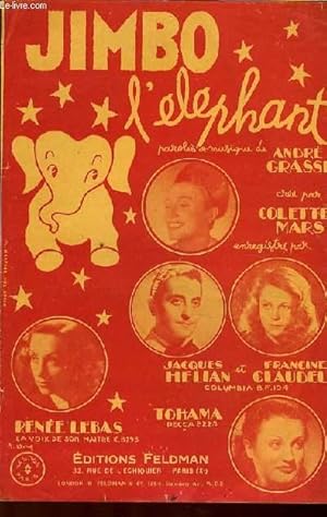 Seller image for JIMBO L'ELEPHANT berceuse PARTITION POUR LE CHANT for sale by Le-Livre