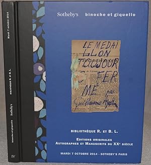 Catalogue de ventes. Bibliothèque R. et B. L.; Éditions Originales, Autographes et Manuscrits du ...