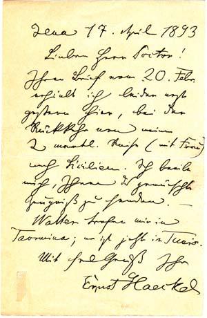 Autograph letter signed; "Ernst Haeckel," to "Lieber Herr Doktor," April 17, 1893