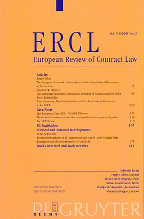 Bild des Verkufers fr ERCL. European Review of Contract Law. Vol. 5 (2009) No. 2. zum Verkauf von Fundus-Online GbR Borkert Schwarz Zerfa