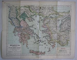 Bild des Verkufers fr Karten zur alten Geschichte. V: Griechenland mit den Inseln und Ksten des Aegischen Meeres. Berlin, Reimer, (1893). Mehrfach gefalt, farbig lith. Karte. Ca. 38 x 48 cm. Verso mit montiertem Titel bzw. "Umschlag". - (Atlas antiquus, Tab. V). zum Verkauf von Jrgen Patzer