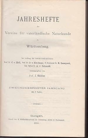 Bild des Verkufers fr Jahreshefte des Vereins fr vaterlndische Naturkunde in Wrttemberg. Zweiundsiebzigster ( 72.) Jahrgang 1916 mit 9 Tafeln. Aus dem Inhalt: Manfred Bruhuser: Die Bohnerzbildung im Muschelkalkgebiet am Oberen Neckar. / Otto Buchner: Konchologische Mitteilungen / Eggler: Beitrge zur Laub-, Torf- und Lebermoosflora von Wrttemberg / Th. Engel: ber eine Grenzlokalitt des Weien Jura / Mayer, Adolf: Abnormitten, Varietten und Bastarde unserer Ophrydeen / Naegeli: Wrttembergische Ophrydeen der Apifera-Gruppe und Vergleich mit schweizerischen / G. Schlenker: Die Pflanzenwelt zweier oberschwbischer Moore mit Bercksichtigung der Mikroorganismen / Walter Wundt: Niederschlag und Abflu in Wrttemberg. zum Verkauf von Antiquariat Carl Wegner