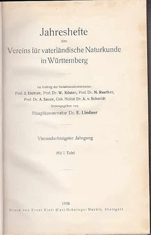 Bild des Verkufers fr Jahreshefte des Vereins fr vaterlndische Naturkunde in Wrttemberg. Vierundachtzigster ( 84.) Jahrgang 1928 mit 1 Tafel. Aus dem Inhalt: M. Frank: Zur Stratigraphie und Palogeographie des Wellengebirges im sdl. Schwarzwald / F. Haag: Ein neuer Aufschlu an der Keuper-Liasgrenze / W. Kreh: Neue Glieder der Stuttgarter Pflanzenwelt / L. Pilgrim und W. Wundt: Die Berechnung der Eiszeiten auf astronomisch-physikalischer Grundlage / L. Volz: Ein merkwrdiger Rotbuchenfund / G. Wagner: ber das Bohrloch bei Hochdorf. zum Verkauf von Antiquariat Carl Wegner