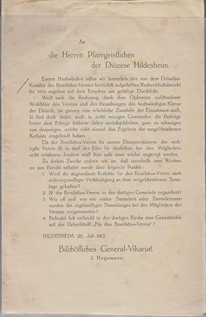 Image du vendeur pour Rechnung des Dizesan-Komitees des Bonifatius-Vereins in Hildesheim fr 1912. mis en vente par Bcher bei den 7 Bergen