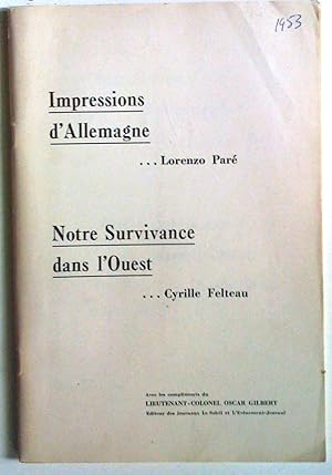 Image du vendeur pour Impressions d'Allemagne; Notre survivance dans l'Ouest mis en vente par Claudine Bouvier