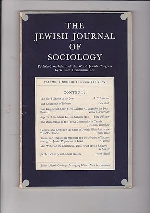 Imagen del vendedor de The Jewish Journal of Sociology Vol. Volume I No. Number 2 December 1959 a la venta por Meir Turner