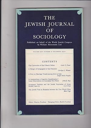 Bild des Verkufers fr The Jewish Journal of Sociology Vol. Volume XIV No. Number 2. December 1972 zum Verkauf von Meir Turner