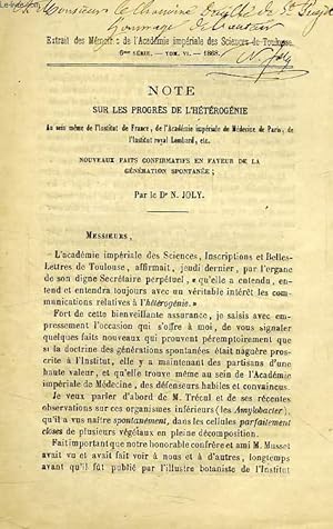 Bild des Verkufers fr NOTE SUR LES PROGRES DE L'HETEROGENIE, AU SEIN MEME DE l'INSTITUT DE FRANCE, DE L'ACADEMIE IMPERIALE DE MEDECINE DE PARIS, DE L'INSTITUT ROYAL LOMBARD, ETC. zum Verkauf von Le-Livre