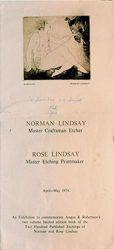 Bild des Verkufers fr Exhibition Card: Norman Lindsay Master Craftsman Etcher; Rose Lindsay Master Etching Printmaker. April - May 1974 zum Verkauf von Antipodean Books, Maps & Prints, ABAA