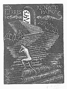 Exlibris für Renato Papo. Motiv: Männliche Figur klettert Büchertreppen in einem dunklen Raum emp...