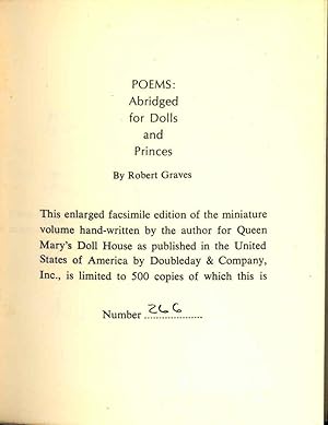 Seller image for Poems : Abridged for Dolls and Princes. [The Mirror, Henry & Mary, What did I dream?, Vain & Careless, One Hard Look, Love Without Hope, In the Wilderness, Song for Two Children, The Stake, Song of Contrariety, Lost Love, The Finding of Love, The Philosophers] for sale by Joseph Valles - Books