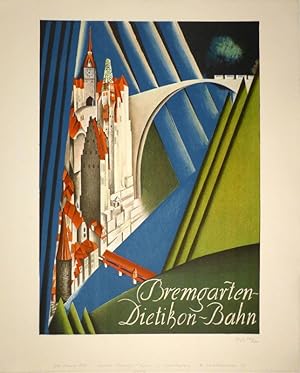 Bremgarten-Dietikon-Bahn. Farblithographie. Handlitho-Nachdruck nach dem Plakat von 1928. Unten r...