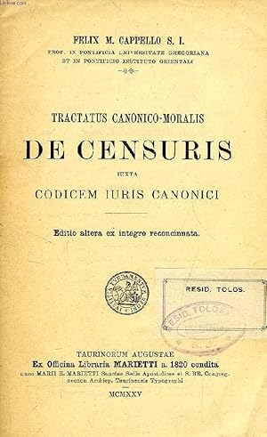 Bild des Verkufers fr TRACTATUS CANONICO-MORALIS DE CENSURIS, IUXTA CODICEM IURIS CANONICI zum Verkauf von Le-Livre